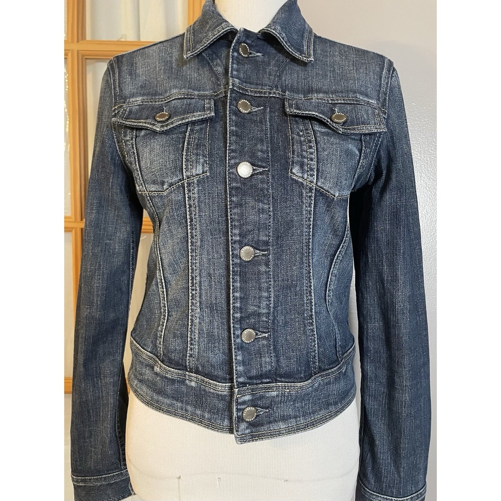 Vtg 80s Express Denim Trucker Jacket Sz S Cropped Blue Buttons Hong Kong Classic